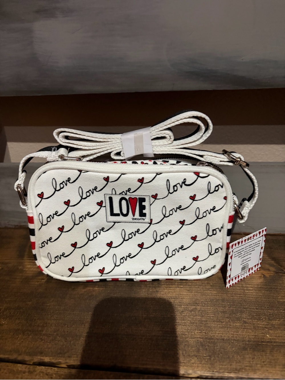 Brighton White Crossbody with Love Script and Red Heart Accents